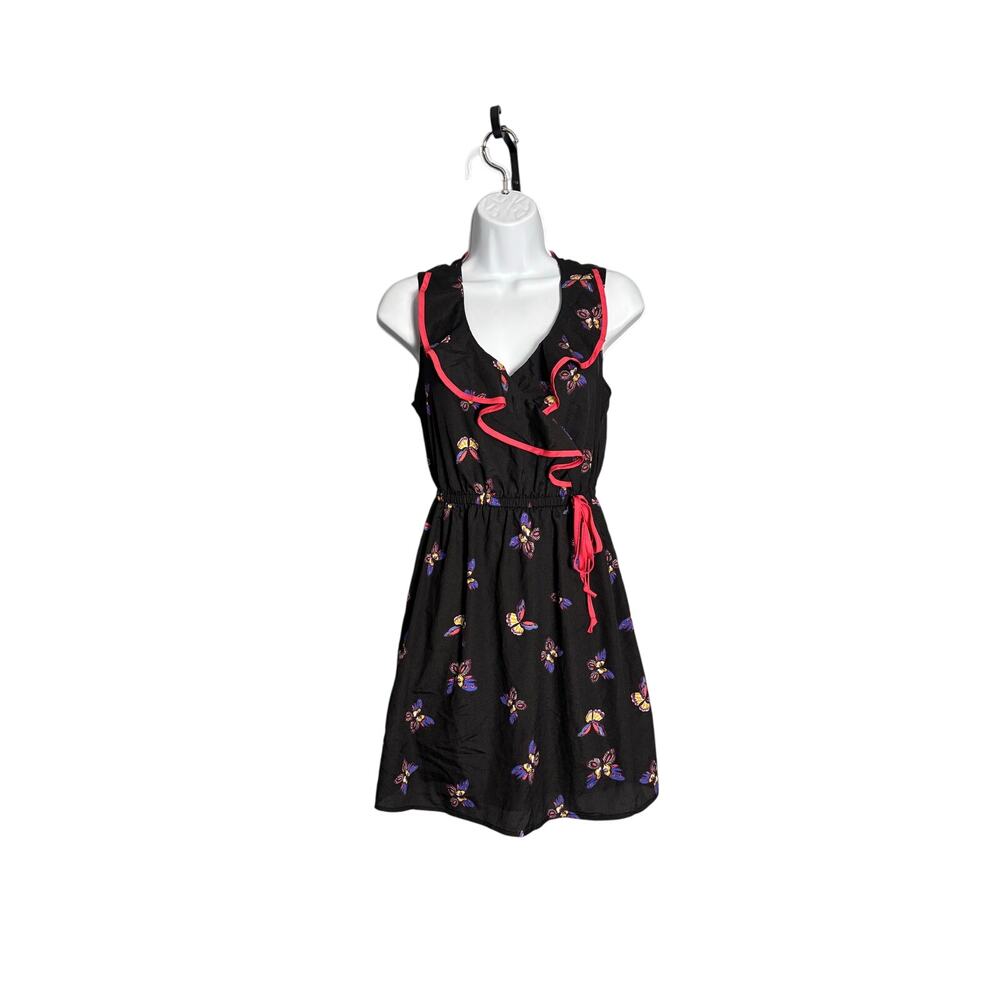 Y2K BeBop Butterfly‎ Print Ruffle Mini Dress - Sleeveless, V-Neck, Size S